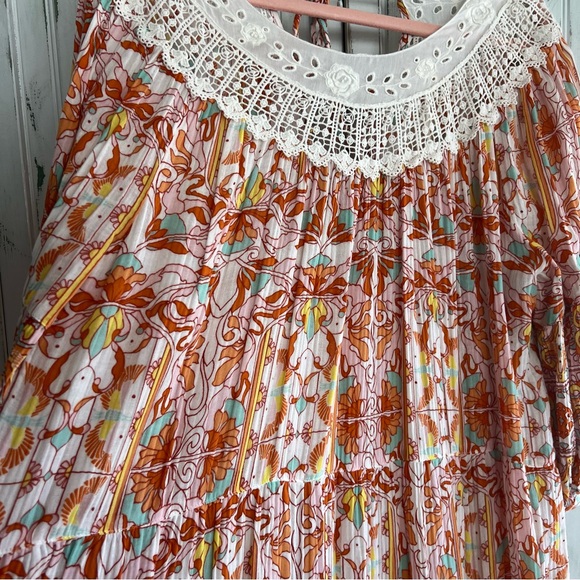 EC Anthropologie Florence Floral Lace Lounge Dress sz L large orange pink white - Picture 8 of 14